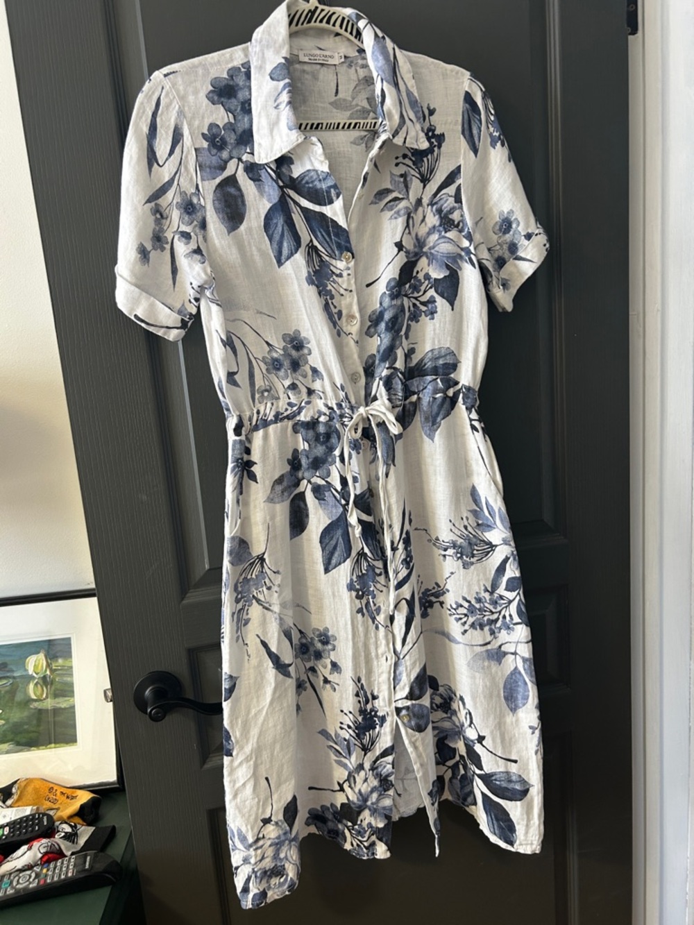 Lungo  L’ Arno blue  Floral Button-Front Linen Dress with Drawstring Waist